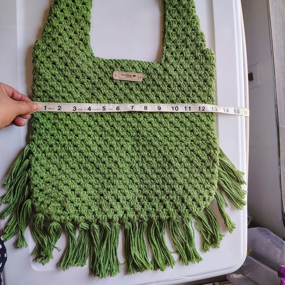 NWOT Handmade Tote Shoulder Bag Boho Chic Crochet Olive Green, Lightweight. - Picture 3 of 16